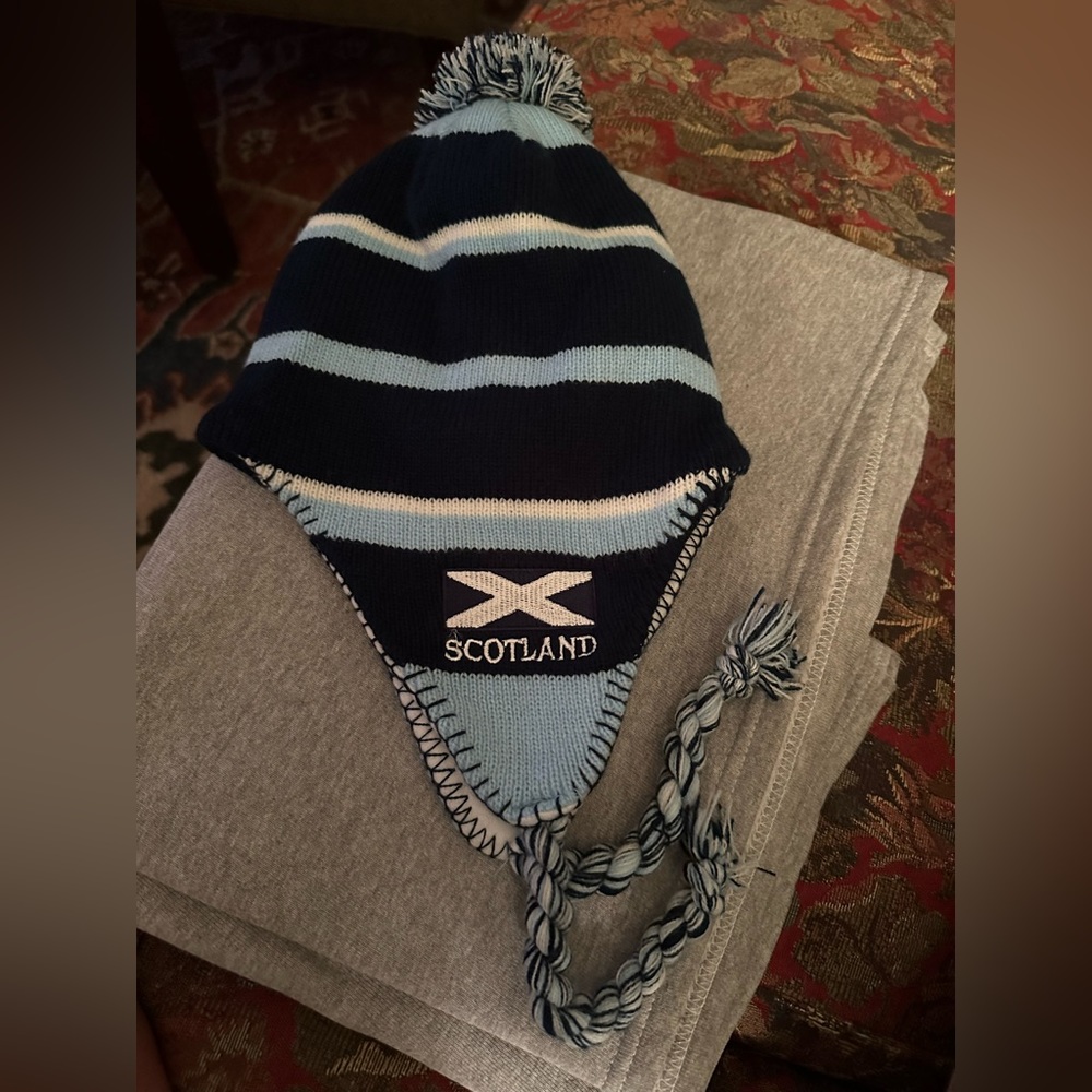 NWoT Chullo style Scotland winter hat, braids and pompon. One size, blue & white